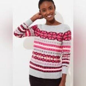 LOFT Pink and Gray Heart Fair Isle  Patterned Sweater Size XL